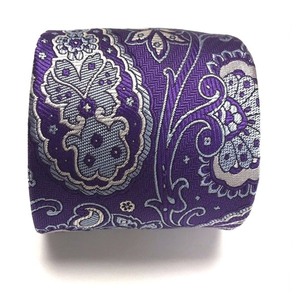 David Donahue Tie Men Silk Purple Light Blue Silver Paisley Necktie Woven Italy - Picture 3 of 12